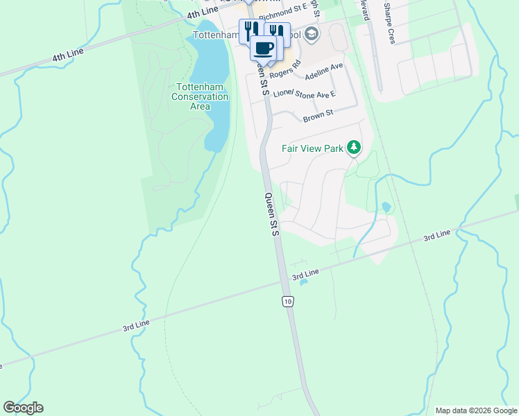 map of restaurants, bars, coffee shops, grocery stores, and more near 1630 Tottenham Road in New Tecumseth