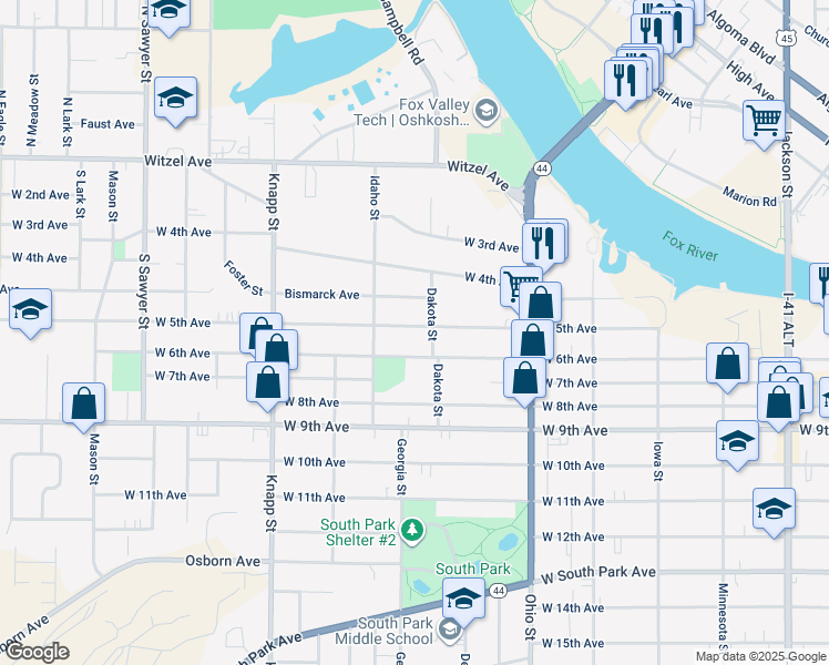 map of restaurants, bars, coffee shops, grocery stores, and more near 717 West 5th Avenue in Oshkosh