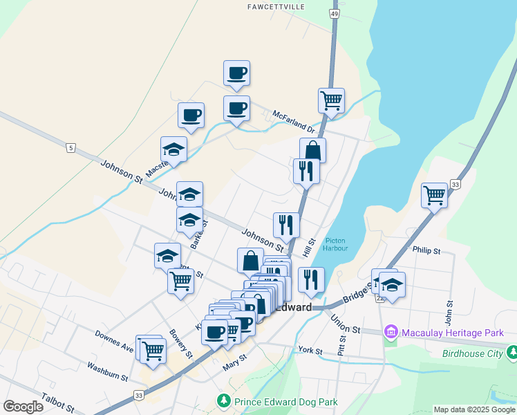 map of restaurants, bars, coffee shops, grocery stores, and more near 22 Maple Avenue in Prince Edward