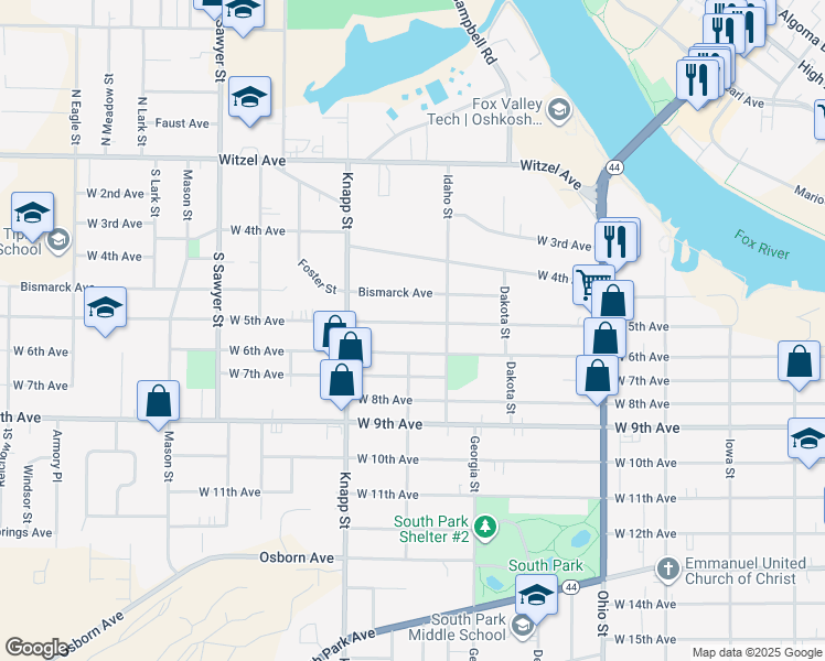 map of restaurants, bars, coffee shops, grocery stores, and more near 833 West 5th Avenue in Oshkosh