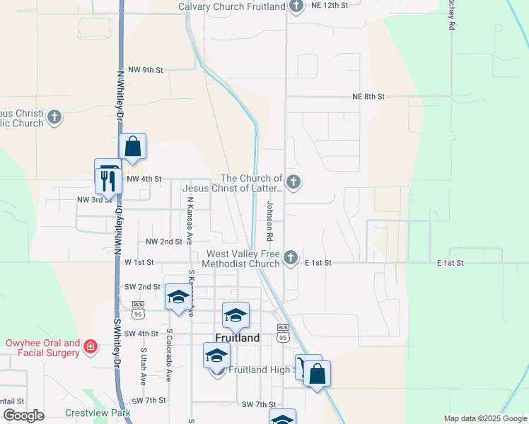 map of restaurants, bars, coffee shops, grocery stores, and more near 303 Johnson Road in Fruitland