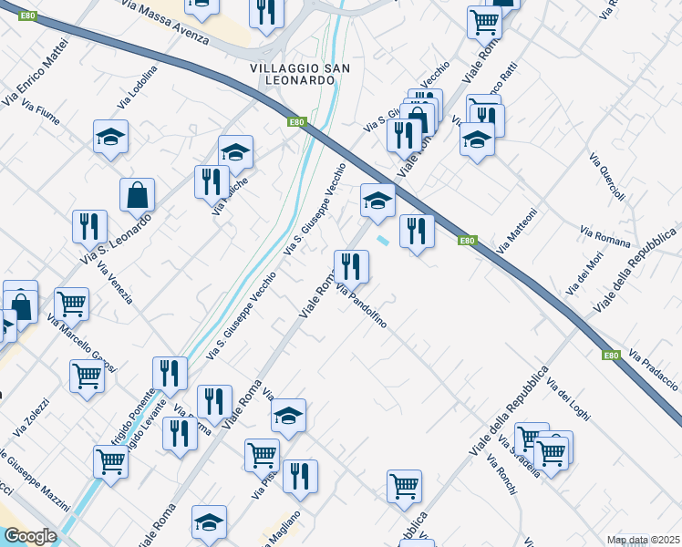 map of restaurants, bars, coffee shops, grocery stores, and more near 281-283 Viale Roma in Massa