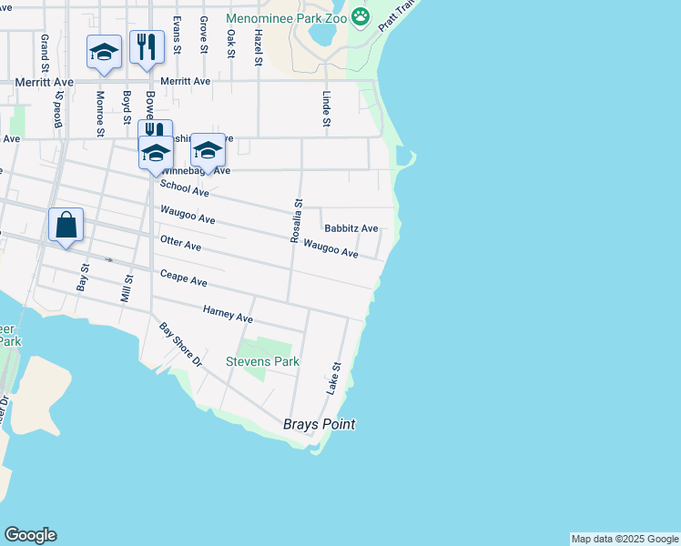 map of restaurants, bars, coffee shops, grocery stores, and more near 1346 Otter Avenue in Oshkosh