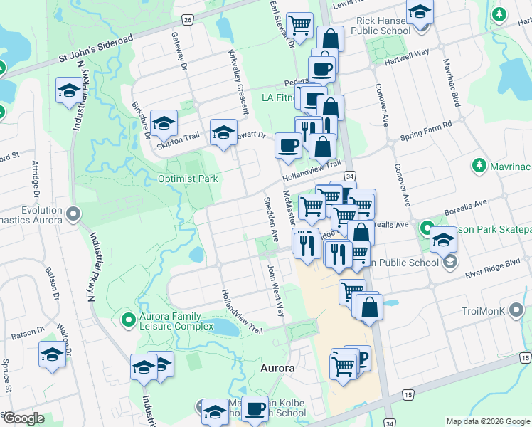 map of restaurants, bars, coffee shops, grocery stores, and more near 60 Snedden Avenue in Aurora