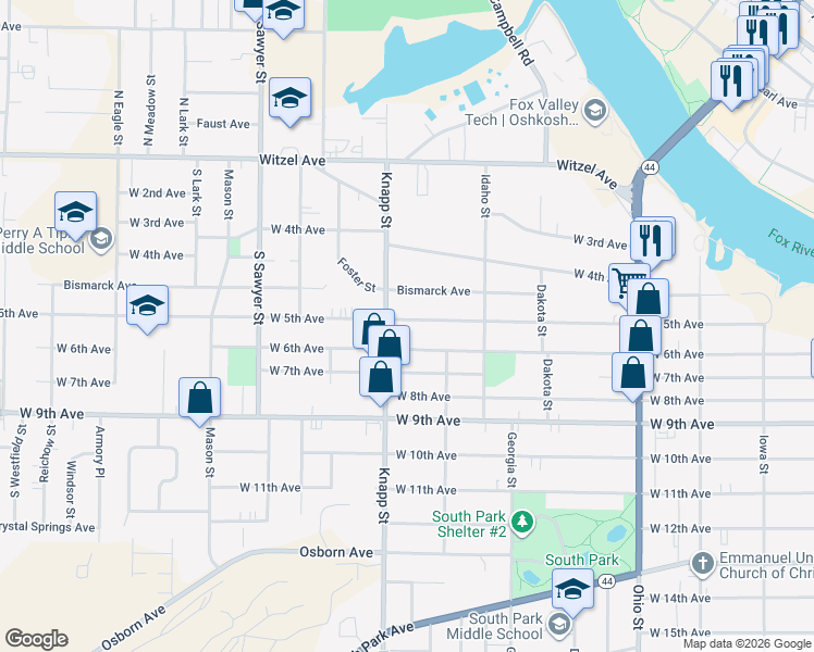 map of restaurants, bars, coffee shops, grocery stores, and more near 929 West 5th Avenue in Oshkosh