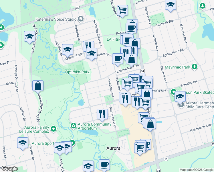 map of restaurants, bars, coffee shops, grocery stores, and more near 77 Steckley Street in Aurora