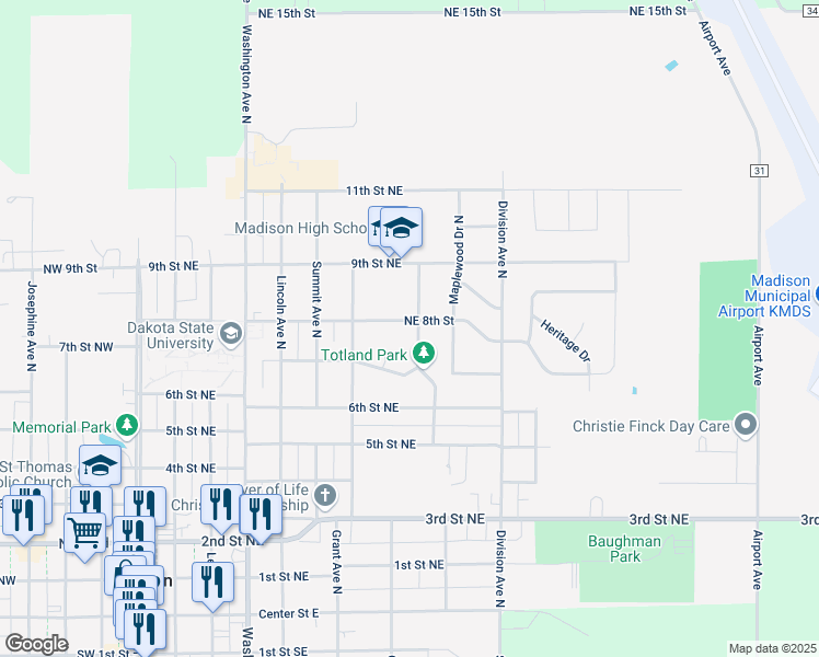 map of restaurants, bars, coffee shops, grocery stores, and more near 801-849 8th Street Northeast in Madison