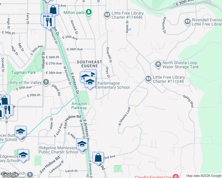 map of restaurants, bars, coffee shops, grocery stores, and more near 3863 Onyx Street in Eugene