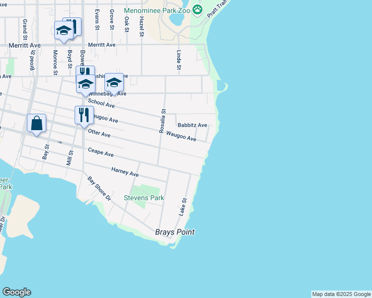 map of restaurants, bars, coffee shops, grocery stores, and more near 1346 Otter Avenue in Oshkosh