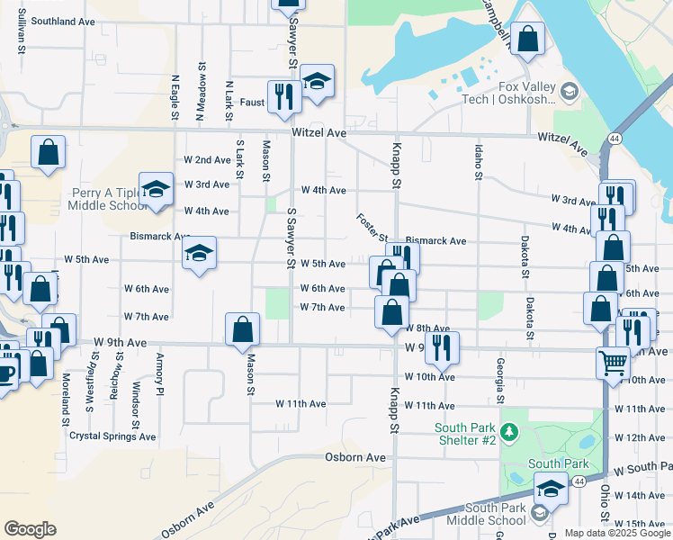map of restaurants, bars, coffee shops, grocery stores, and more near 1136 West 6th Avenue in Oshkosh
