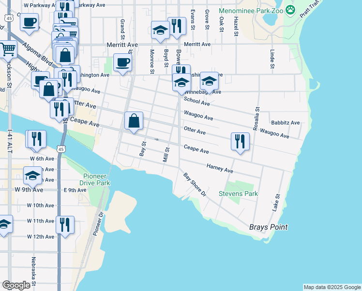 map of restaurants, bars, coffee shops, grocery stores, and more near 809 Ceape Avenue in Oshkosh