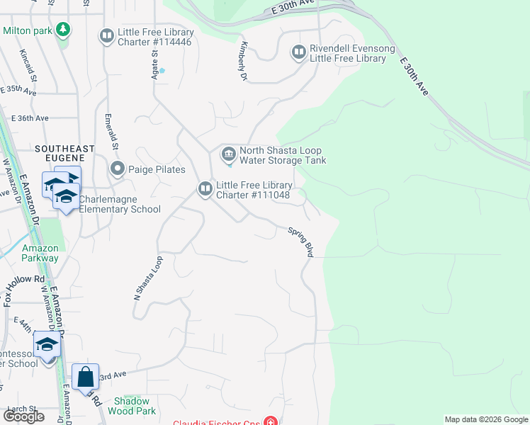 map of restaurants, bars, coffee shops, grocery stores, and more near 3925 Spring Blvd in Eugene