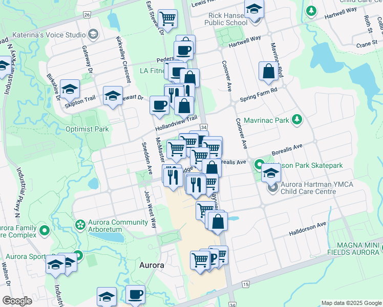map of restaurants, bars, coffee shops, grocery stores, and more near 61 Baywell Crescent in Aurora
