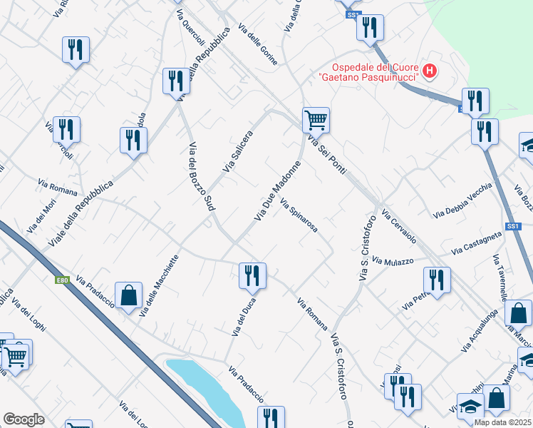 map of restaurants, bars, coffee shops, grocery stores, and more near 35 Via Due Madonne in Massa