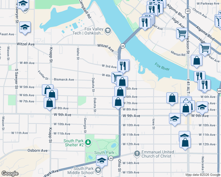 map of restaurants, bars, coffee shops, grocery stores, and more near 635 W 5th Ave in Oshkosh