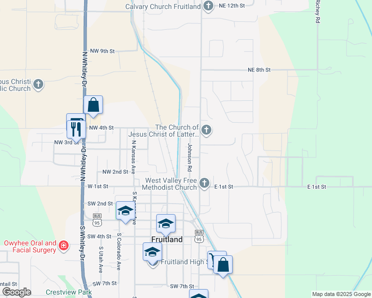 map of restaurants, bars, coffee shops, grocery stores, and more near 303 Johnson Road in Fruitland