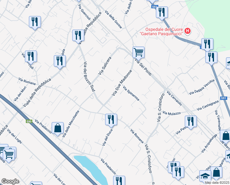 map of restaurants, bars, coffee shops, grocery stores, and more near 35 Via Due Madonne in Massa