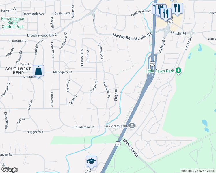 map of restaurants, bars, coffee shops, grocery stores, and more near 60939 McMullin Drive in Bend