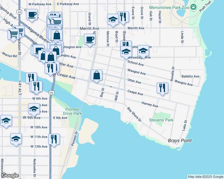 map of restaurants, bars, coffee shops, grocery stores, and more near 616 Poplar Avenue in Oshkosh
