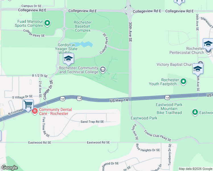 map of restaurants, bars, coffee shops, grocery stores, and more near 851 30th Avenue Southeast in Rochester