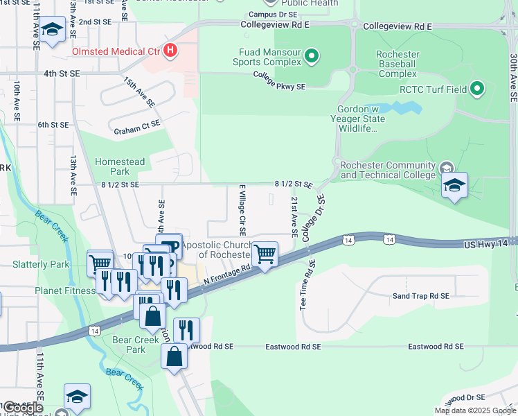 map of restaurants, bars, coffee shops, grocery stores, and more near 1902 8 1/2 Street Southeast in Rochester