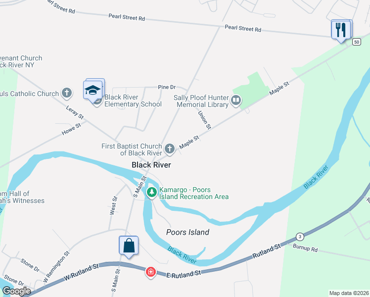 map of restaurants, bars, coffee shops, grocery stores, and more near 140 Maple Street in Black River
