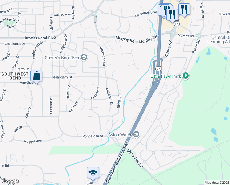 map of restaurants, bars, coffee shops, grocery stores, and more near 60940 Ridge Drive in Bend