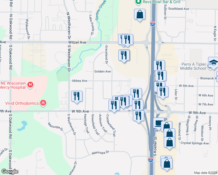 map of restaurants, bars, coffee shops, grocery stores, and more near 831 Graceland Drive in Oshkosh