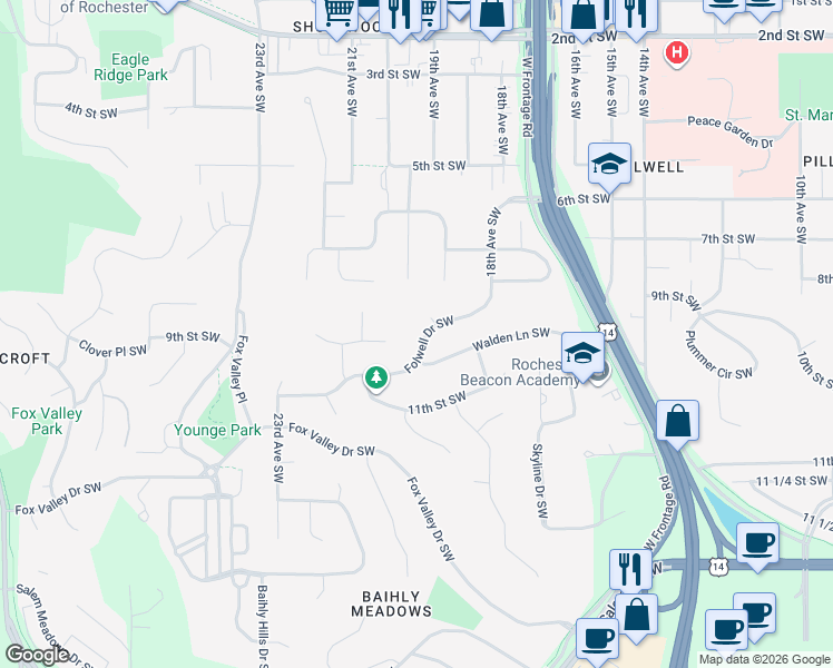 map of restaurants, bars, coffee shops, grocery stores, and more near 1805 Folwell Drive Southwest in Rochester