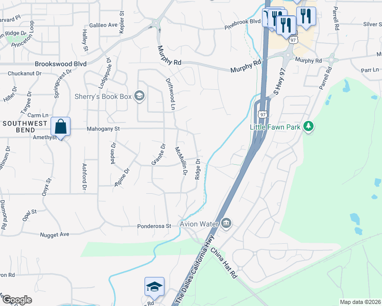 map of restaurants, bars, coffee shops, grocery stores, and more near 60940 Ridge Drive in Bend