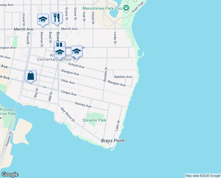 map of restaurants, bars, coffee shops, grocery stores, and more near 1337 Otter Avenue in Oshkosh