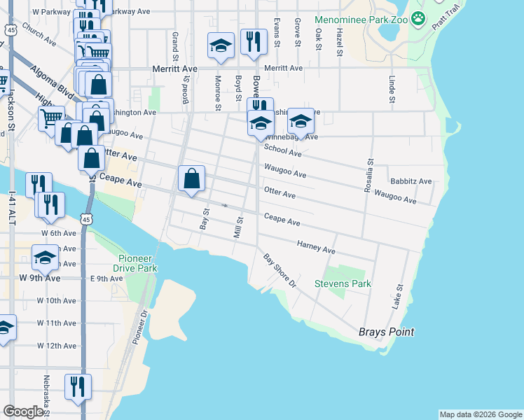 map of restaurants, bars, coffee shops, grocery stores, and more near 809 Ceape Avenue in Oshkosh