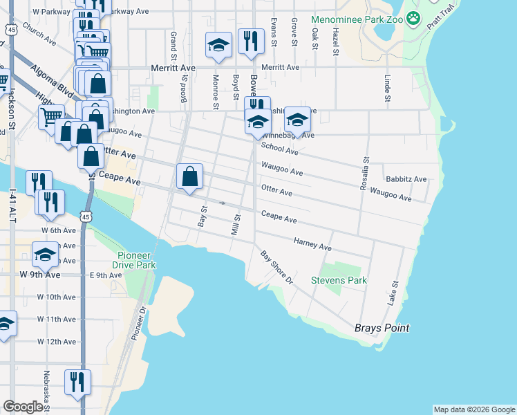 map of restaurants, bars, coffee shops, grocery stores, and more near 809 Ceape Avenue in Oshkosh