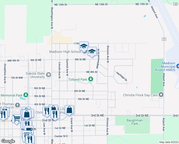 map of restaurants, bars, coffee shops, grocery stores, and more near 849 Northeast 8th Street in Madison