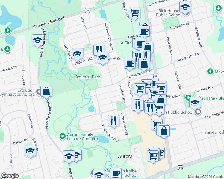 map of restaurants, bars, coffee shops, grocery stores, and more near 56 Steckley Street in Aurora