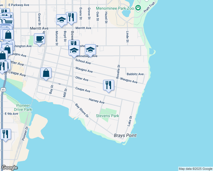 map of restaurants, bars, coffee shops, grocery stores, and more near 1129 Otter Avenue in Oshkosh