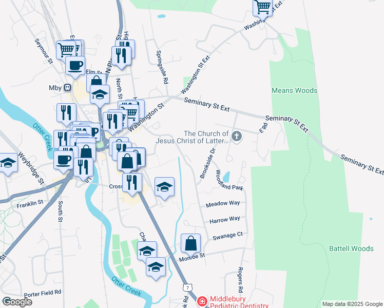 map of restaurants, bars, coffee shops, grocery stores, and more near 249 Buttolph Drive in Middlebury