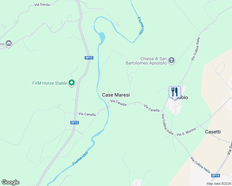map of restaurants, bars, coffee shops, grocery stores, and more near Via Casetti Uso in Case Maresi