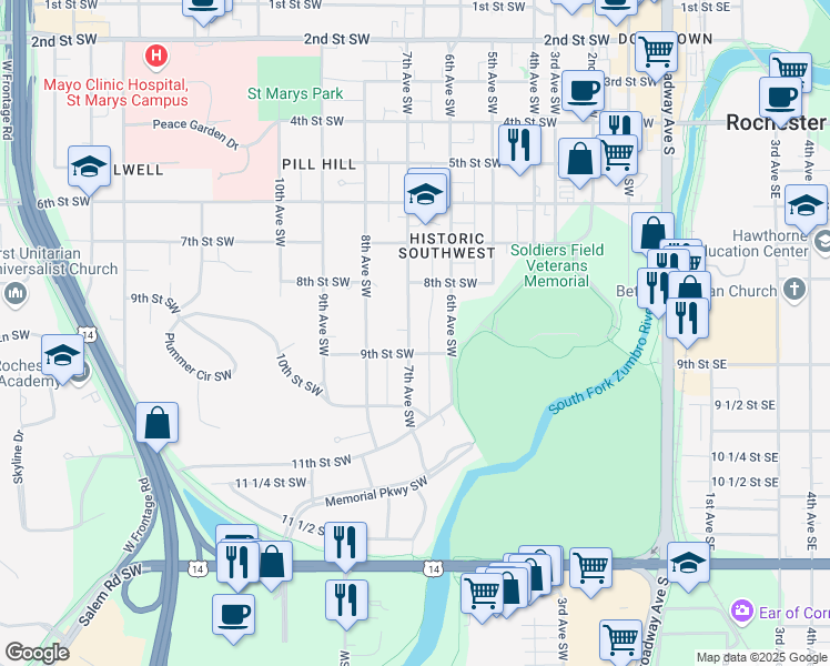 map of restaurants, bars, coffee shops, grocery stores, and more near 844 7th Avenue Southwest in Rochester
