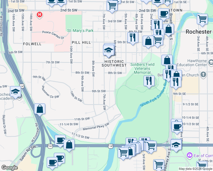 map of restaurants, bars, coffee shops, grocery stores, and more near 615 9th Street Southwest in Rochester