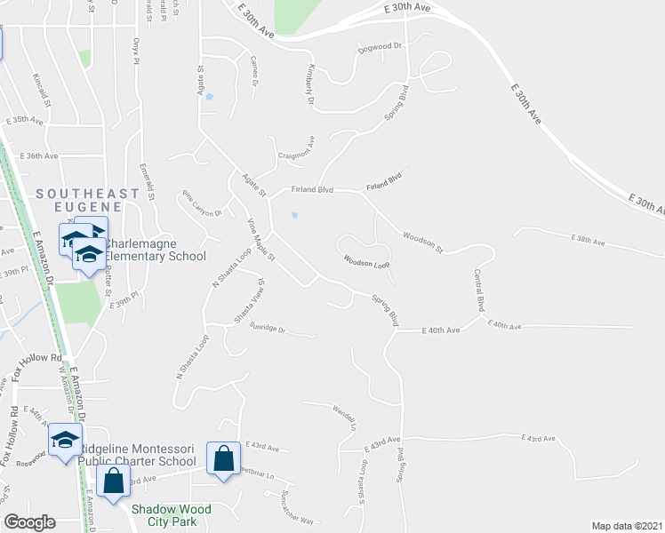 map of restaurants, bars, coffee shops, grocery stores, and more near 3925 Spring Boulevard in Eugene