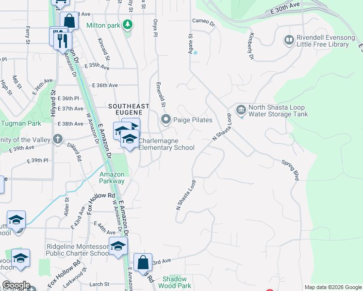 map of restaurants, bars, coffee shops, grocery stores, and more near 3930 North Shasta Loop in Eugene