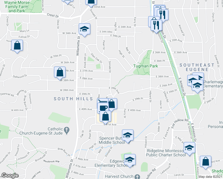 map of restaurants, bars, coffee shops, grocery stores, and more near in Eugene