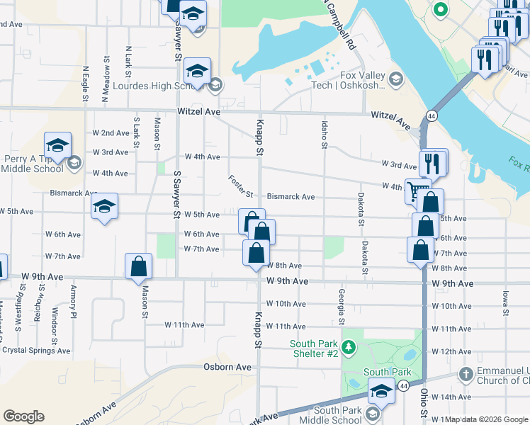 map of restaurants, bars, coffee shops, grocery stores, and more near 929 West 5th Avenue in Oshkosh