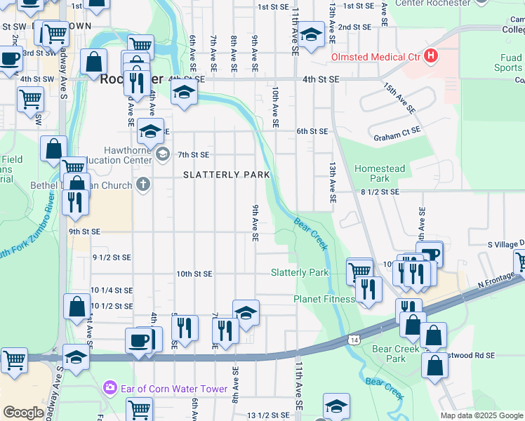 map of restaurants, bars, coffee shops, grocery stores, and more near 844 9th Avenue Southeast in Rochester