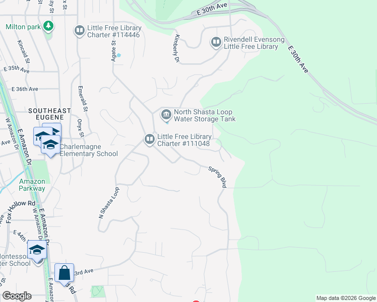 map of restaurants, bars, coffee shops, grocery stores, and more near 3905 Spring Boulevard in Eugene