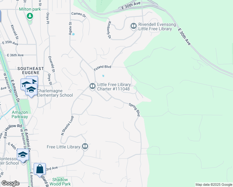 map of restaurants, bars, coffee shops, grocery stores, and more near 3905 Spring Boulevard in Eugene