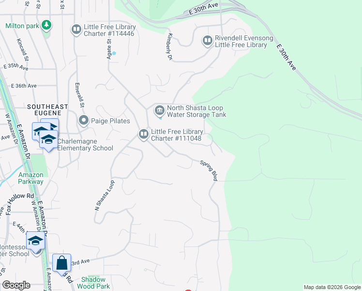 map of restaurants, bars, coffee shops, grocery stores, and more near 3925 Spring Boulevard in Eugene