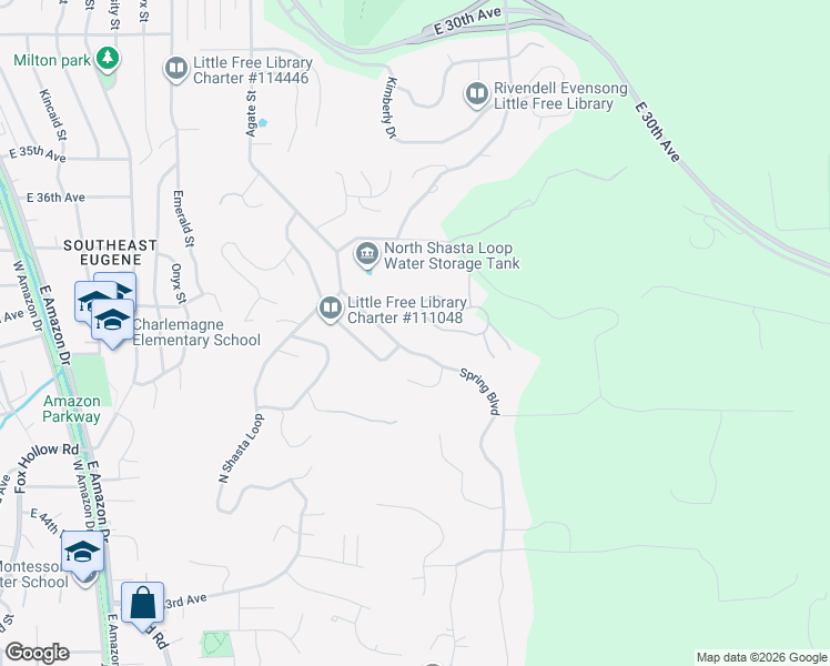 map of restaurants, bars, coffee shops, grocery stores, and more near 3905 Spring Boulevard in Eugene