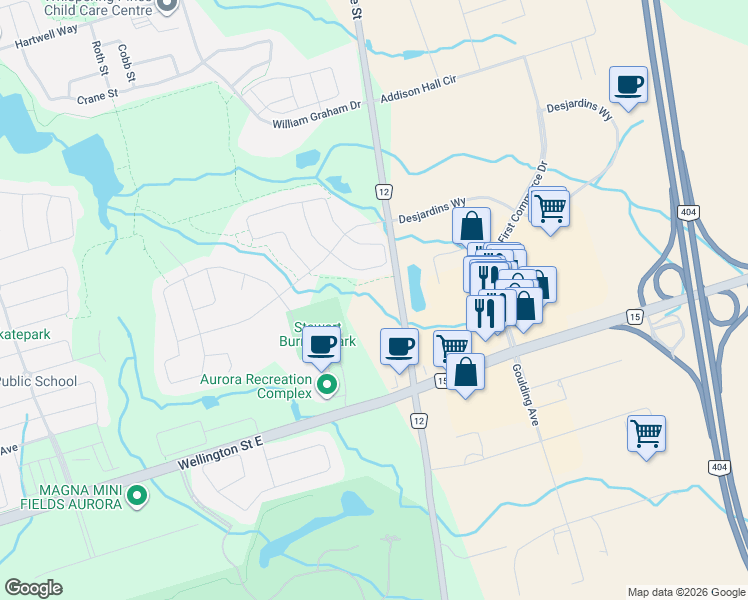 map of restaurants, bars, coffee shops, grocery stores, and more near 27 Chestnut Court in Aurora